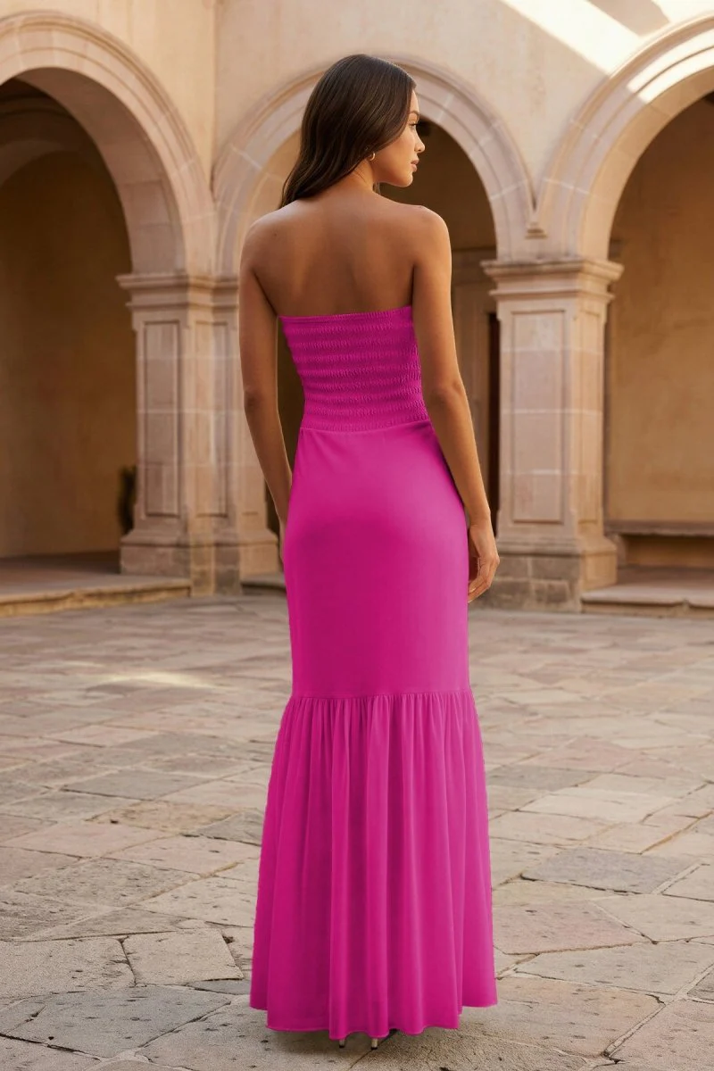 Yellow Strapless Sheath Chiffon Long Prom Dresses With Ruffles