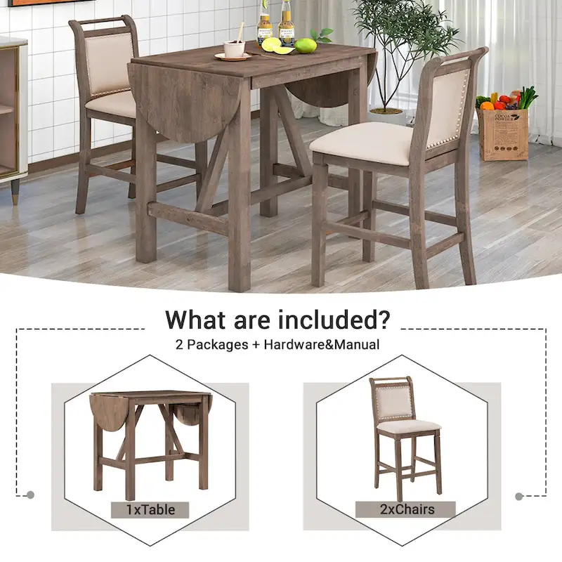 3-Piece Rustic Dining Set with Drop Leaf & 2 Chairs