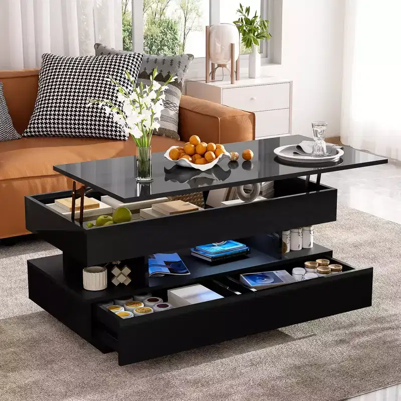 White/Black Lift-Top Coffee Table with 2 Drawers & LED, 39.3