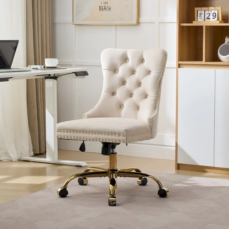 A&A Gray Velvet Tufted Home Office Chair with Golden Metal Base - Adjustable Swivel Desk Chair