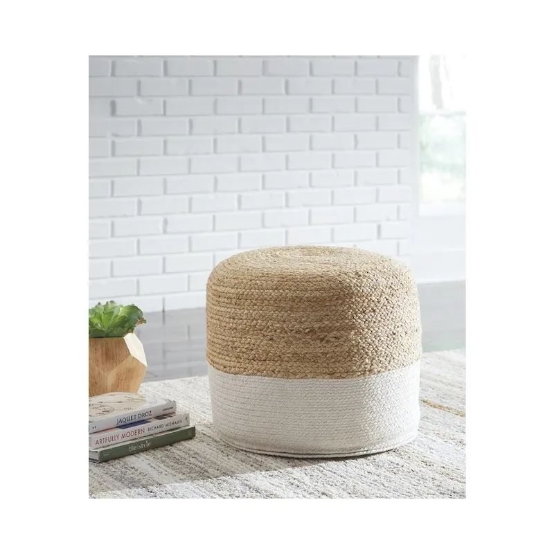 Natural/White Braided Jute Pouf
