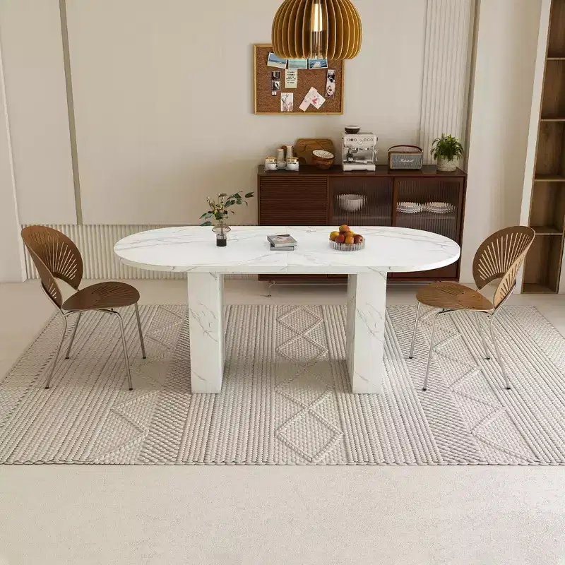 62.9 Oval Dining Table for 6 Marble Top Kitchen Table with Wood Strip Base Modern Farmhouse with Waterproof Scratch Resistant Surface White