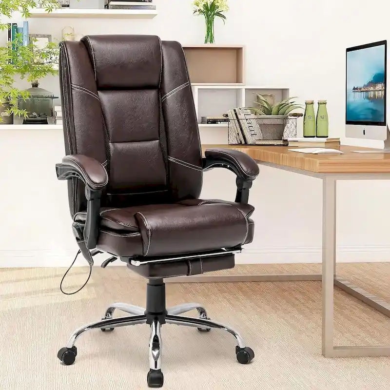 Ergonomic Heated Executive Office Chair with 2/4/6-Point Massage, Retractable Footrest, and PU Leather