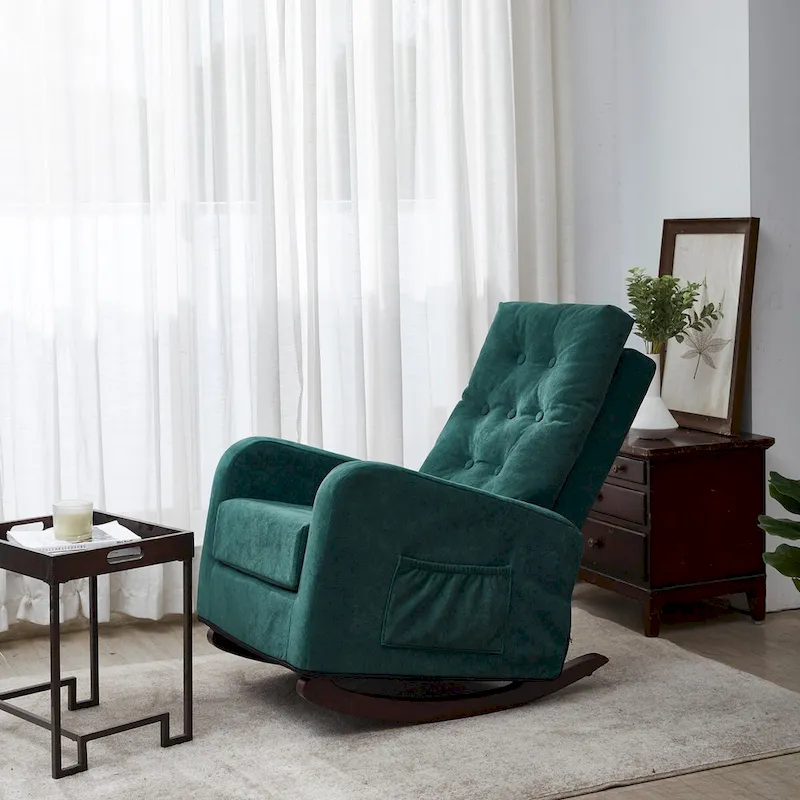 Antique Green High-Back Fabric Accent Chair with Curved Arms, Solid Wood Legs & Side Pockets, 1-Person