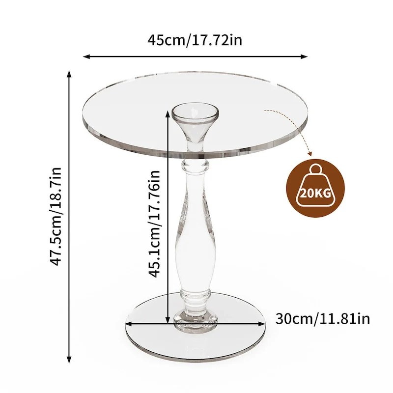 Clear Acrylic Round End Table Solid Post Side Table Nightstand - 18 Dia. x 19 H