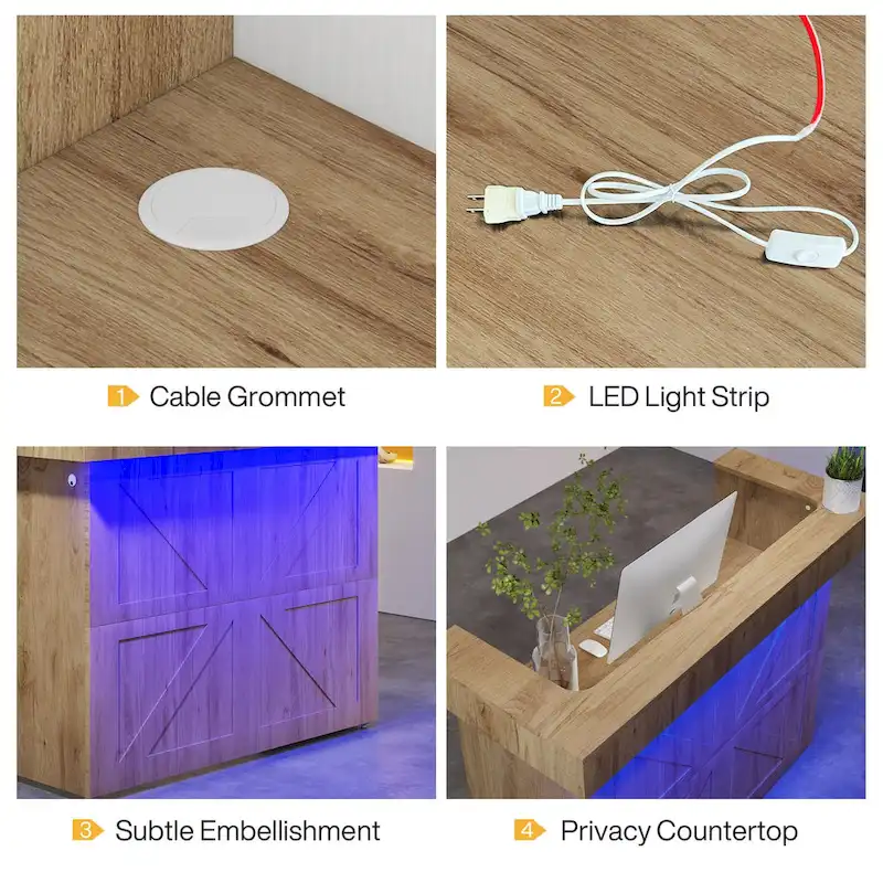 Reception Desk with Light, Modern Front Desk with 2 Grommets