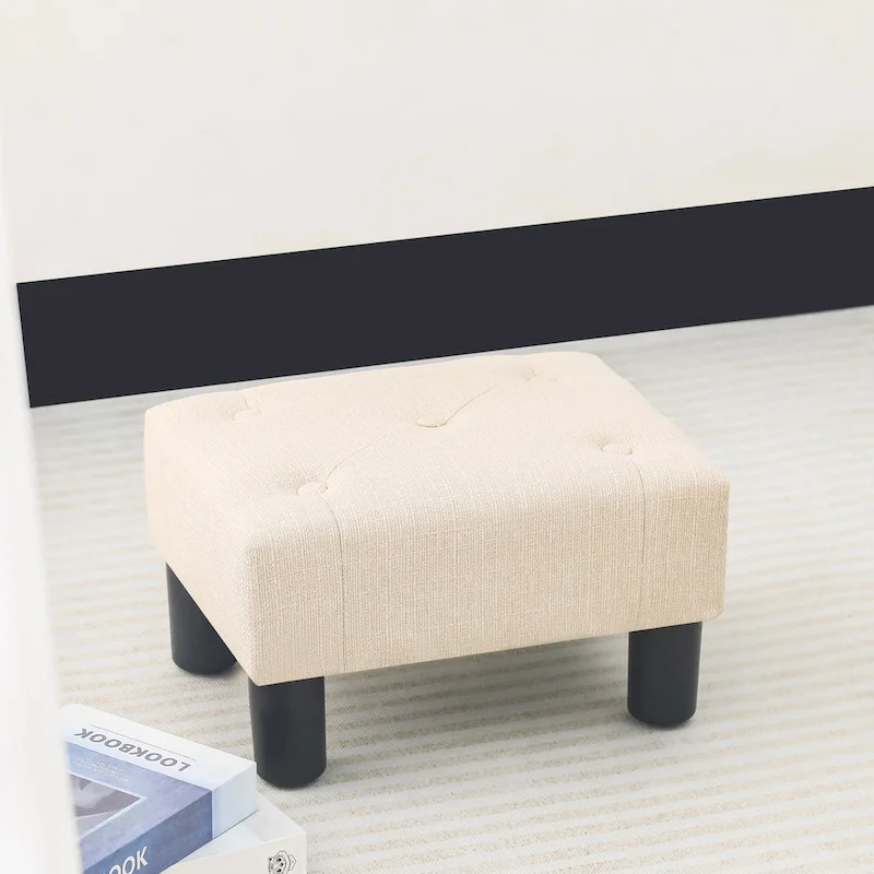 Adeco Button Tufted Linen Foot Stool Rectangular Small Ottoman