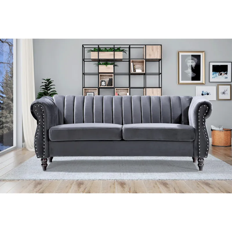 Velvet Chesterfield Rolled Arm Sofa