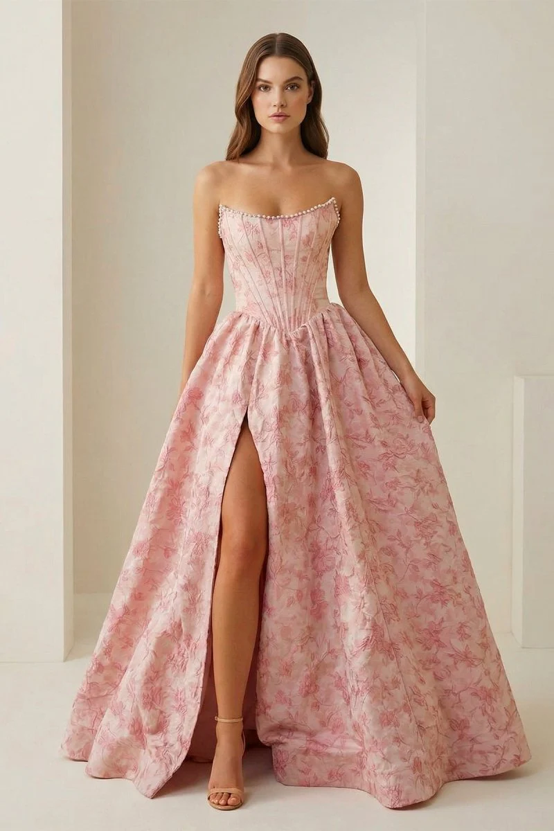Pink A Line Strapless Jacquard Long Prom Dresses With Slit