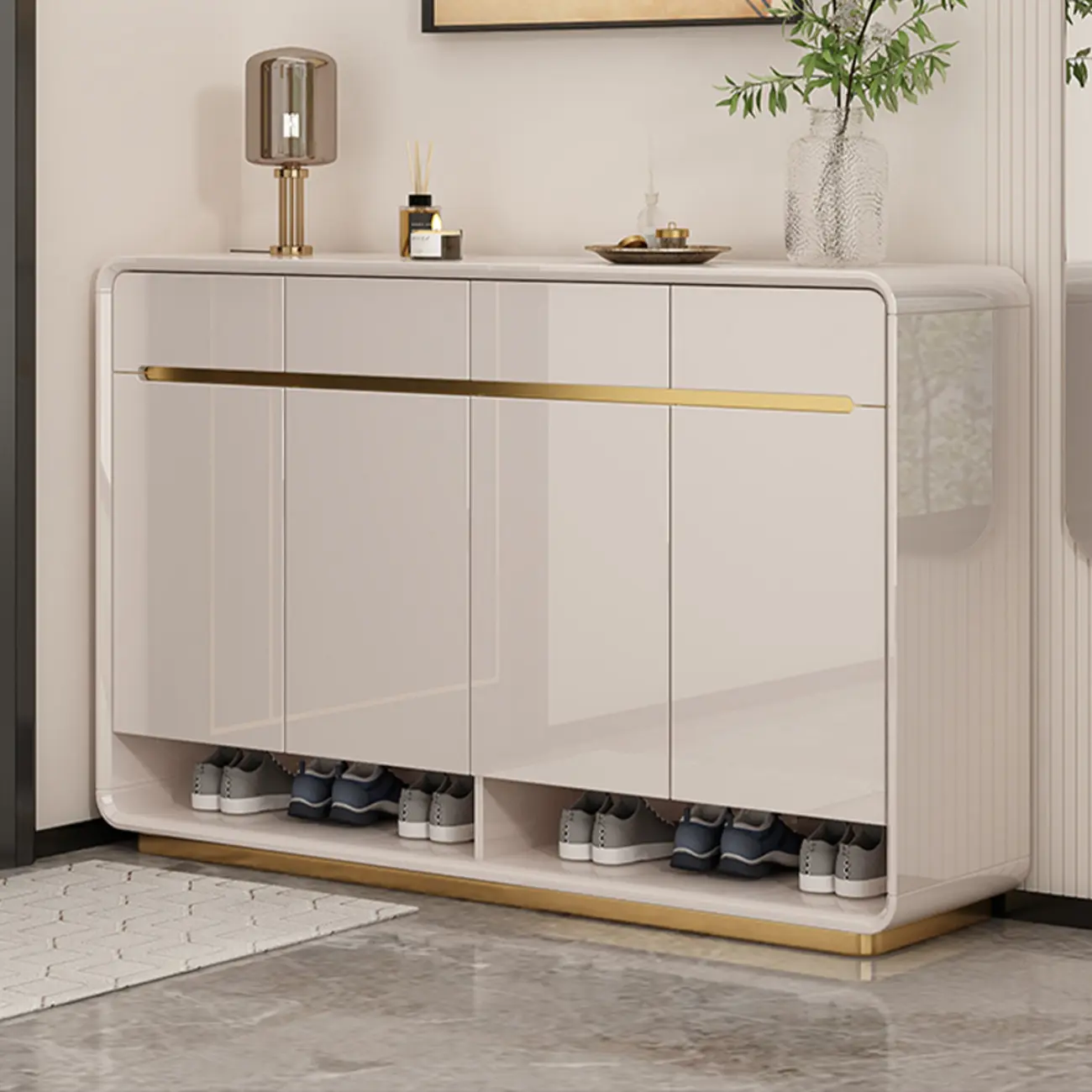 Glam Beige Solid Wood Shoe Cabinet with Display Top