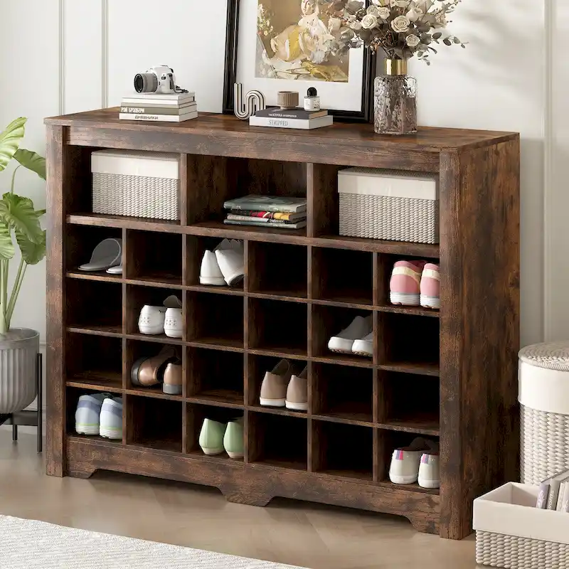 Brown 24-Cubby Shoe Cabinet with Curved Base, 2-Person Assembly
