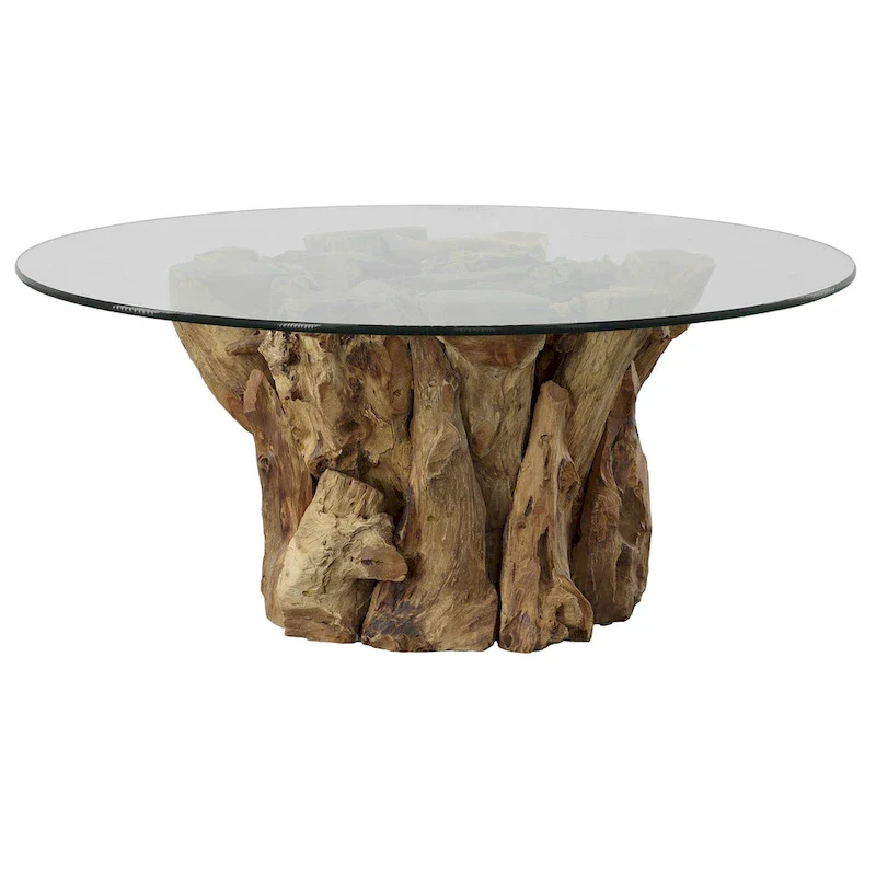 Natural Teak Wood & Clear Glass Coffee Table