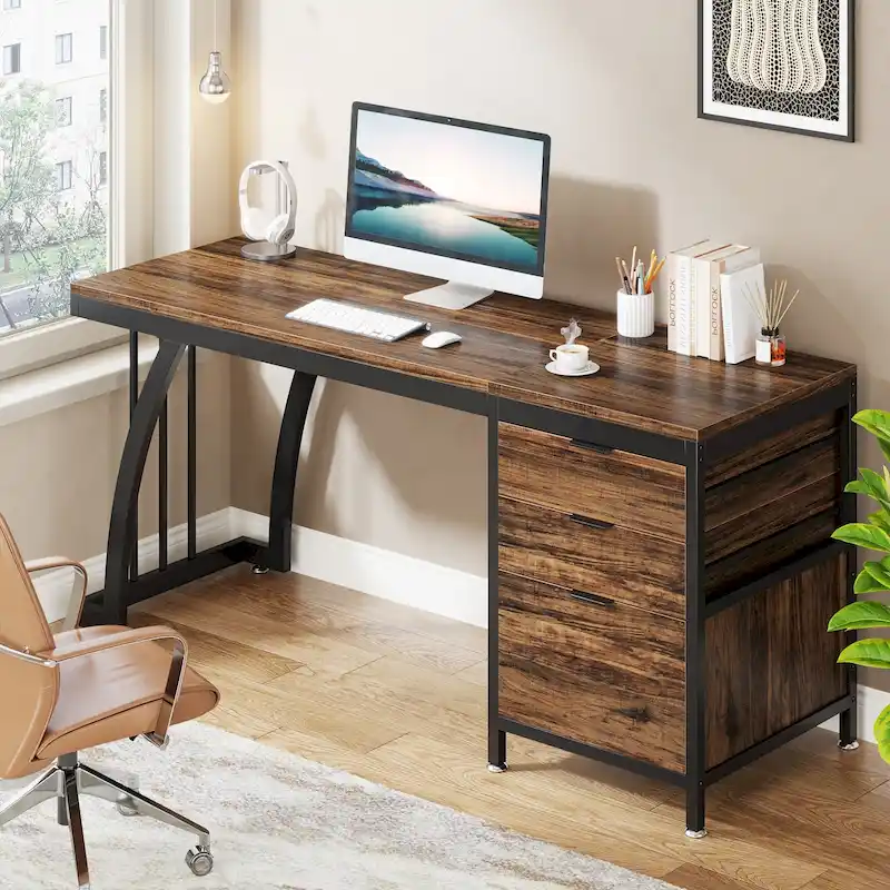 Rustic Brown / White Single-Person Computer Desk with 3-Drawer Cabinet