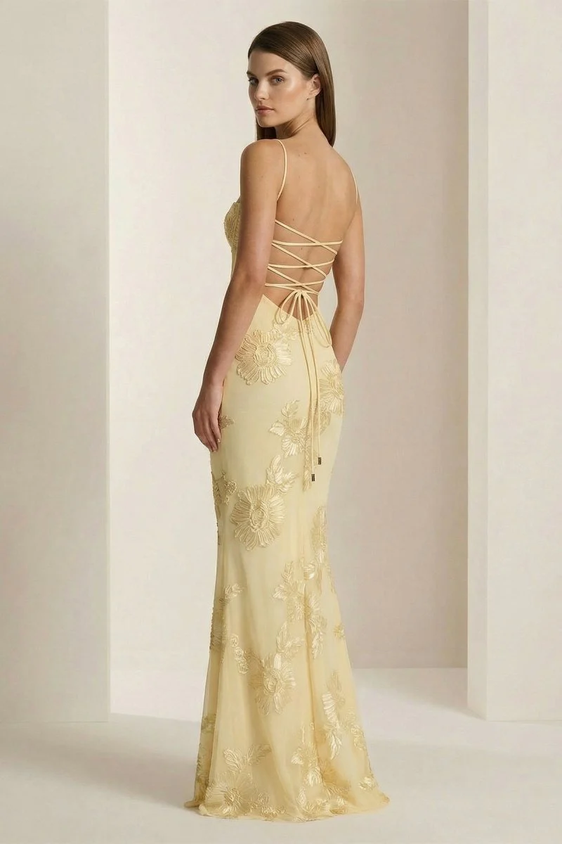 Yellow Spaghetti Straps Sheath Long Prom Dresses With Floral Embroidery