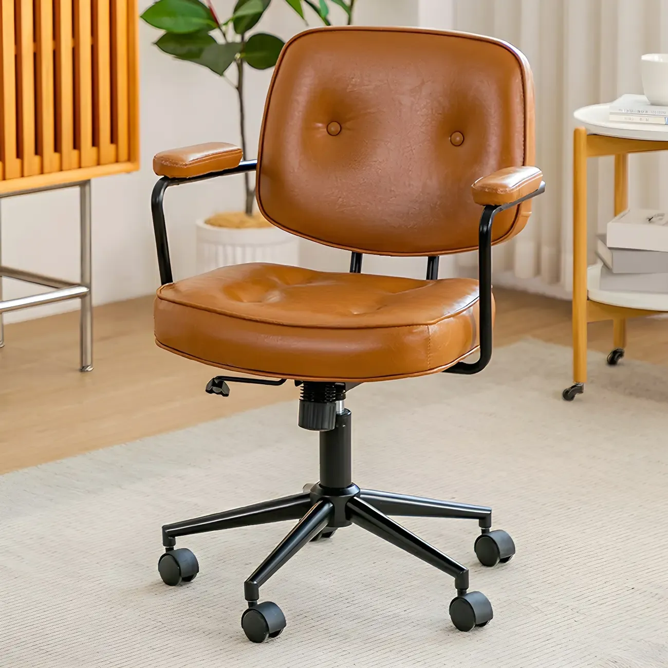 Modern Brown Leather Swivel Low-Back Office Chair