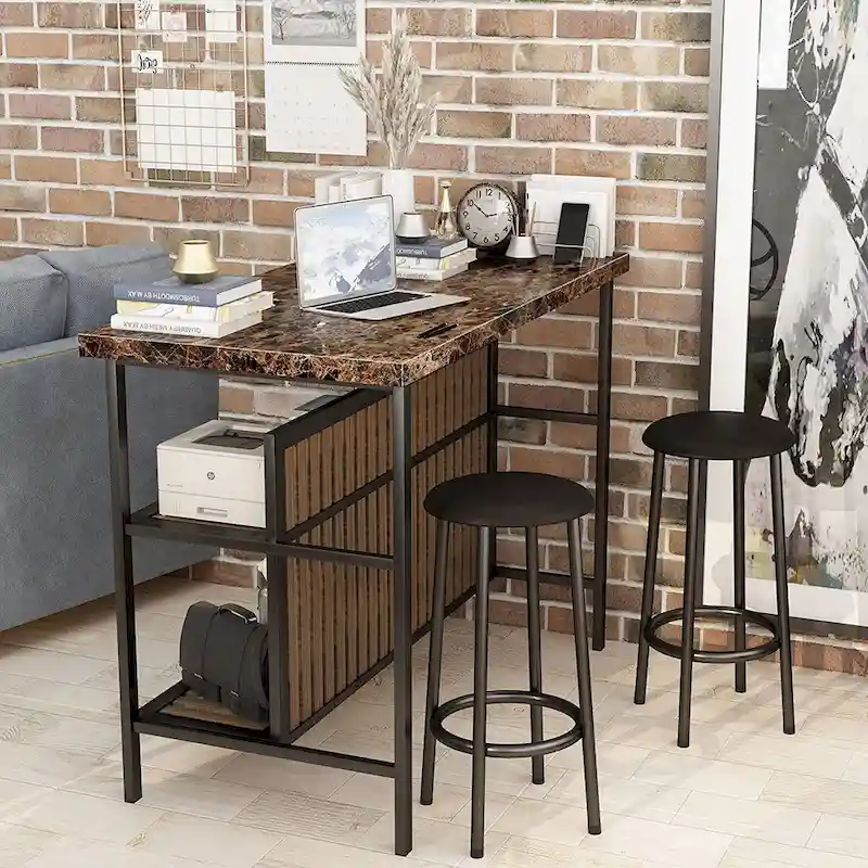 Mieres Kitchen Island with 2 Stools and Open Shelves