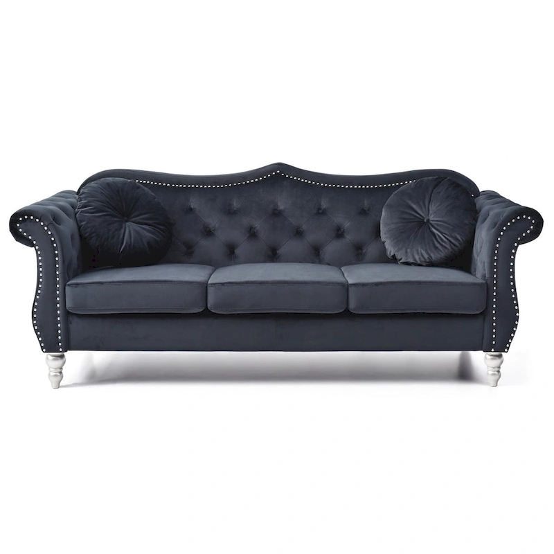 Hollywood 82 in. Velvet Chesterfield 3-Seater Sofa with 2-Throw Pillow - 82L x 35W x 34H