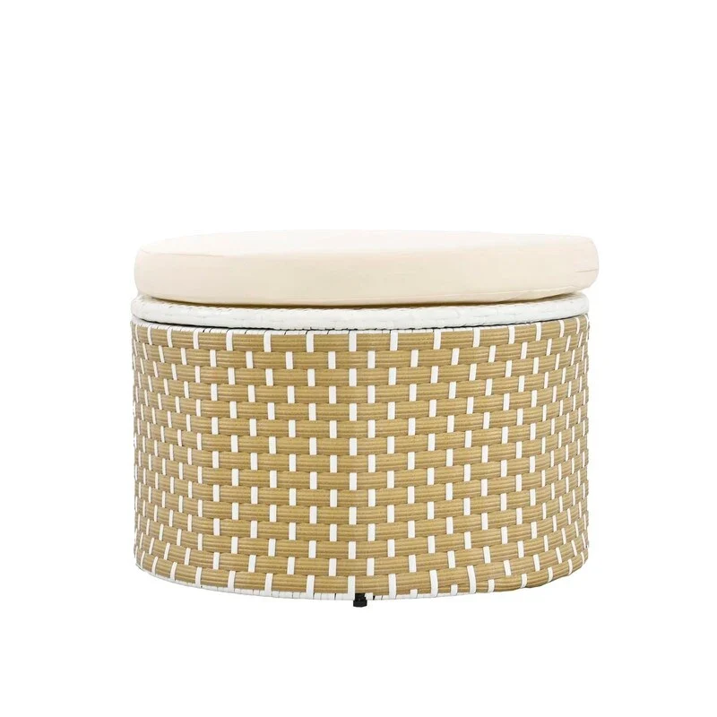 Round Patio Sectional Sofa Set  Two-Tone Rattan Daybed with Retractable Canopy & Modular Seating