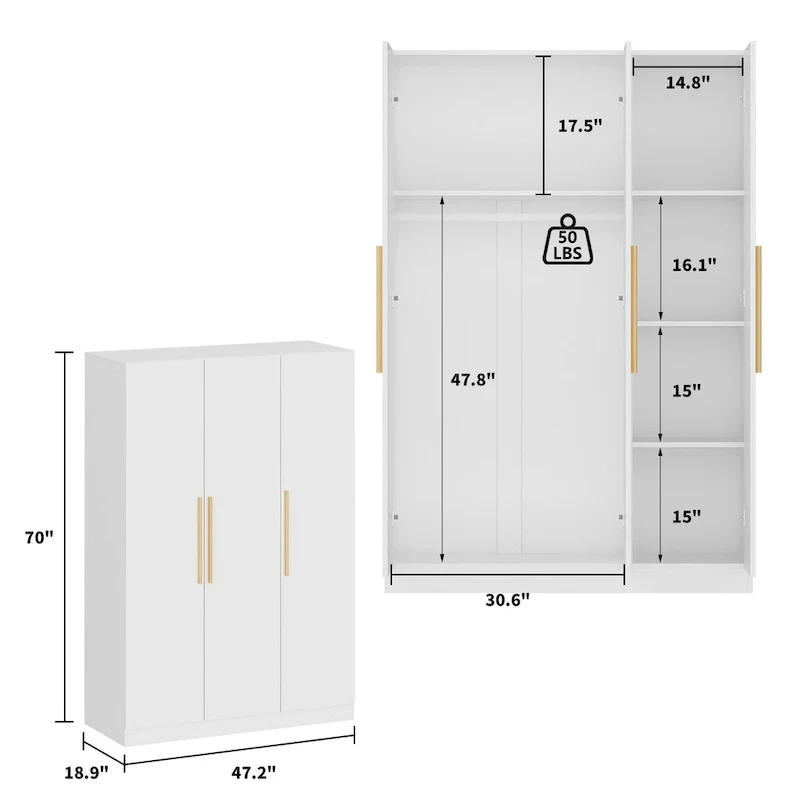 Large Wardrobe Armoire Wooden Closet with 3 Doors for Bedroom Hanging