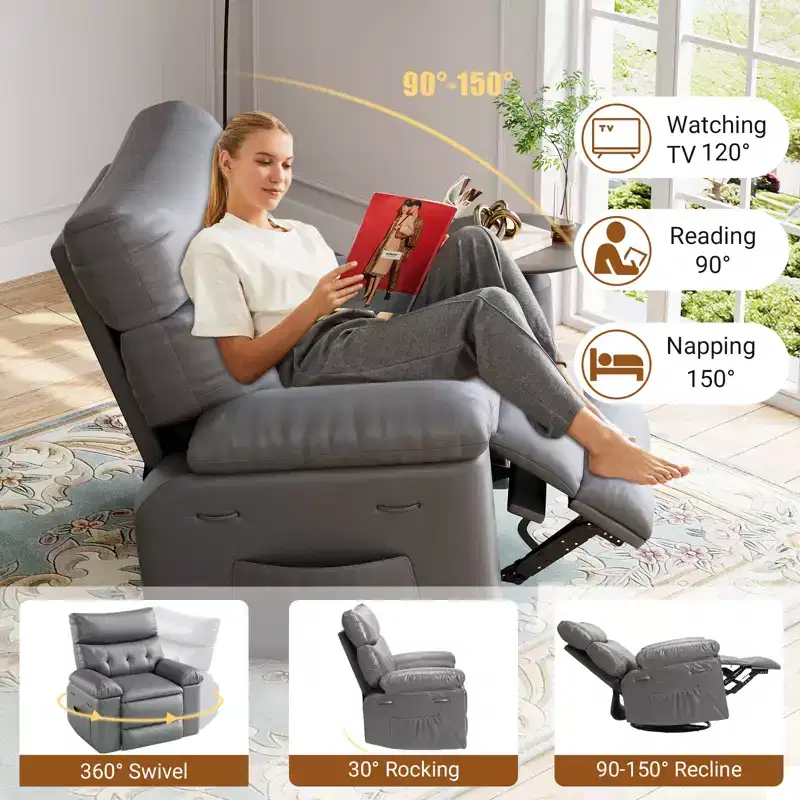 Living room recliner - 360 rotating, rocking, vibration massage, thickened PU leather single sofa, thick foam-filled beanbag chair