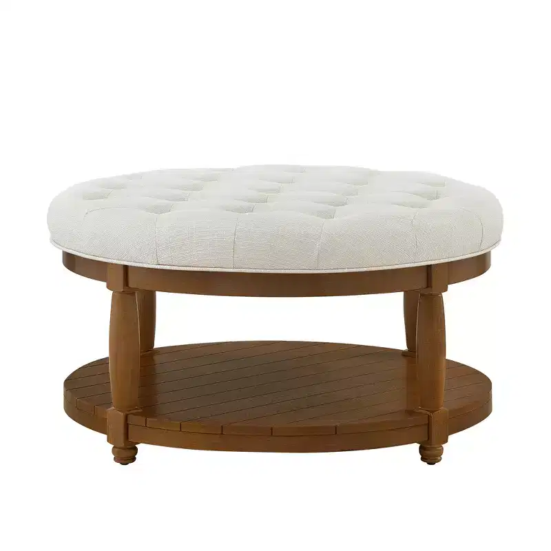 GDFStudio Damien Modern Wooden Round Linen Upholstered Tufted Ottoman with Shelf Storage