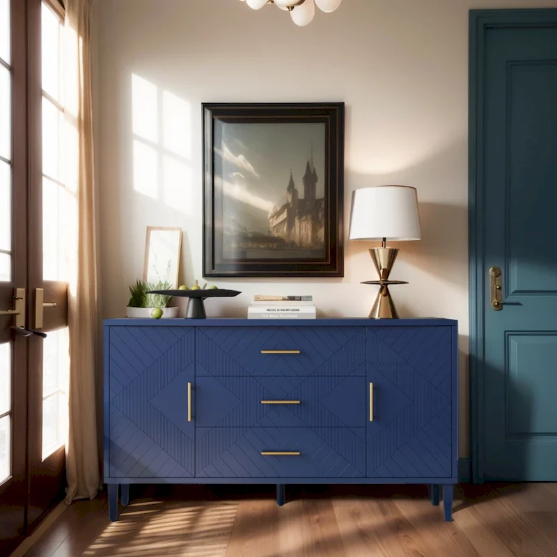 Navy Blue Storage Cabinet with 2 Doors and 3 Drawers