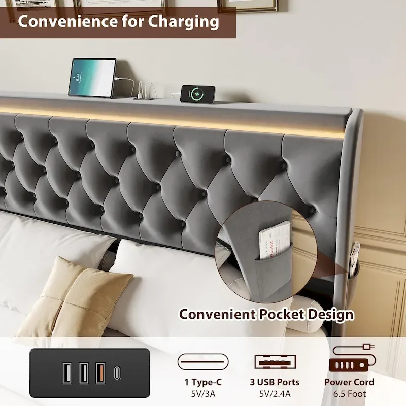 Velvet Upholstered Bed Frame with Wingback Headboard