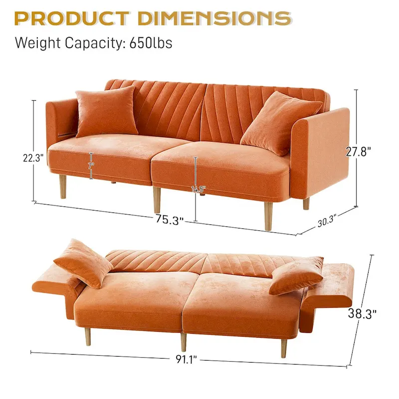 Ouyessir Upholstered Tufted Convertible Futon Sofa Bed with Foldable Armrest