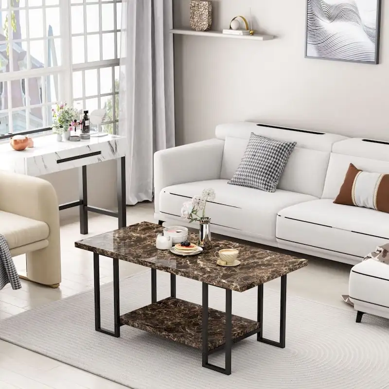 Mieres 39  Wide 2-Tier Faux Marble Top Coffee Table with Steel Frame