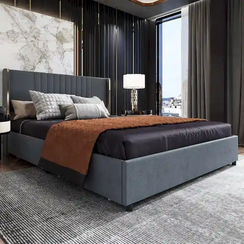 Modern Illuminated Bed Frame with Gold Trim - Chic Upholstered Design