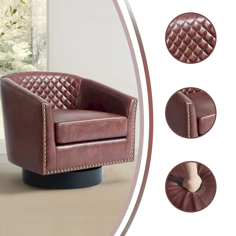 Faux Leather Nailheads Swivel Barrel Chair Set of 2