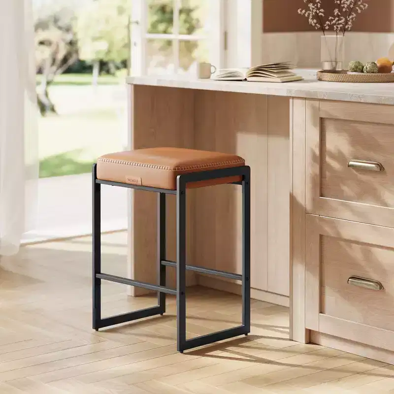 EKHO Mid-Century Modern Bar Stool - 26 Inch Counter Height, Synthetic Leather with Decorative Stitching, Sturdy Metal Frame, Caramel Brown