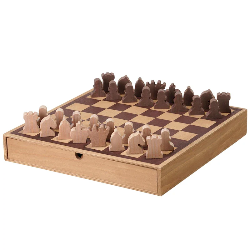 American Art Decor Wood Chess & Checkers Board Game Set with Drawer Tabletop Decor - 2.5 H x 16 L x 16 D