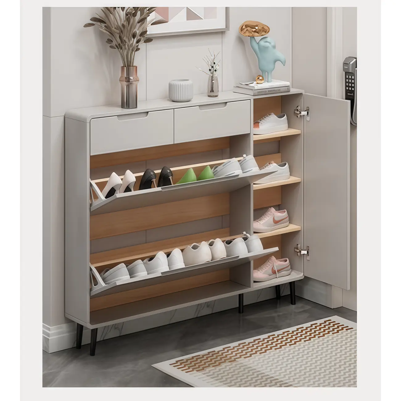 Drop-Front Beige Wood Entryway Shoe Cabinet with 2-Drawer