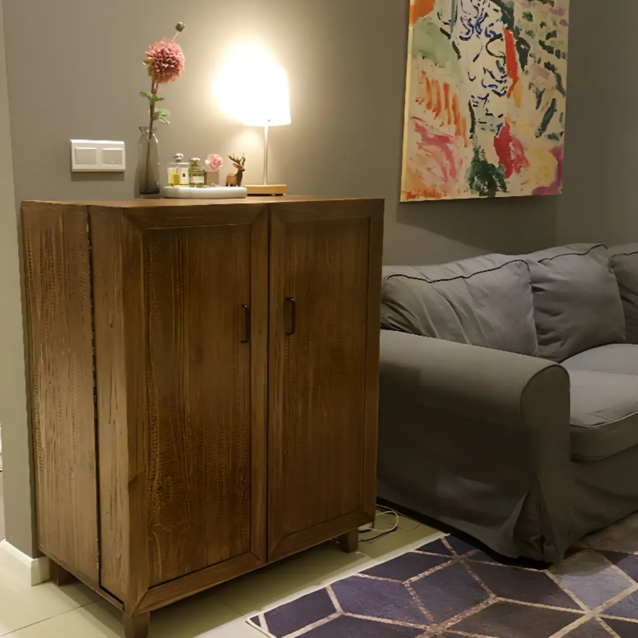 Solid Wood Farmhouse Brown Bar Cabinet Wine Rack