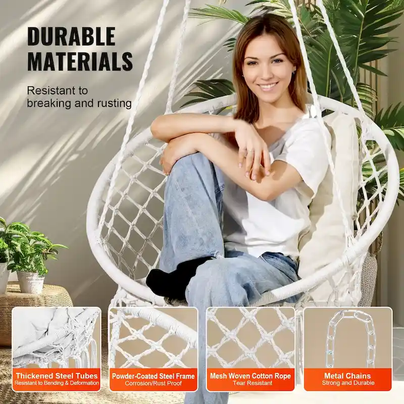 Hanging Hammock Swing Chair, Macram Hanging Chair with Cushion and Mounting Hardware, Cotton Rope Swing Chair