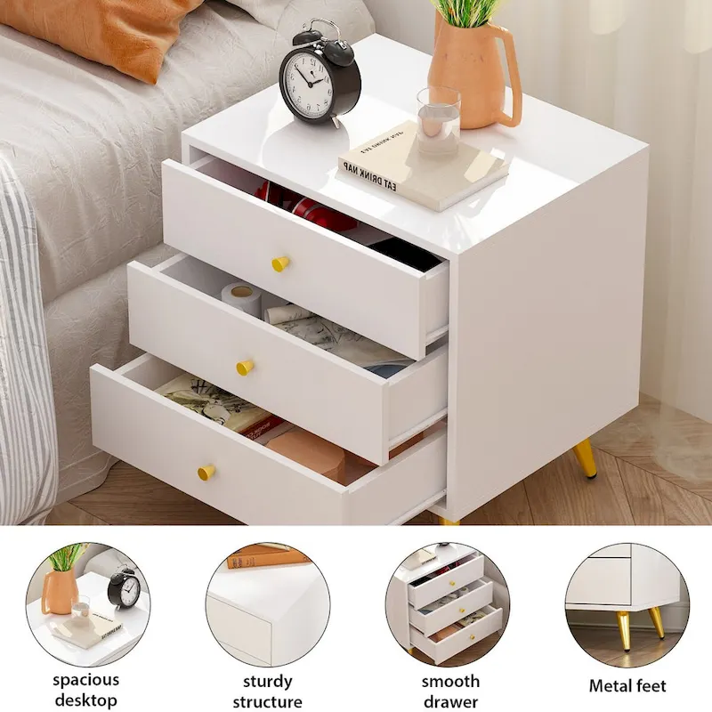 White Nightstands Bedside Table End Table Gold Metal Legs1 Pcs