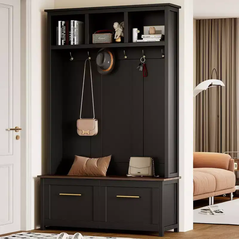 Okak Versatile Hall Tree with 6 Golden Hooks, Coat Rack with Wood Grain Bench and Multiple Storage Space, Coat Tree for Living Room, Hallway, Black