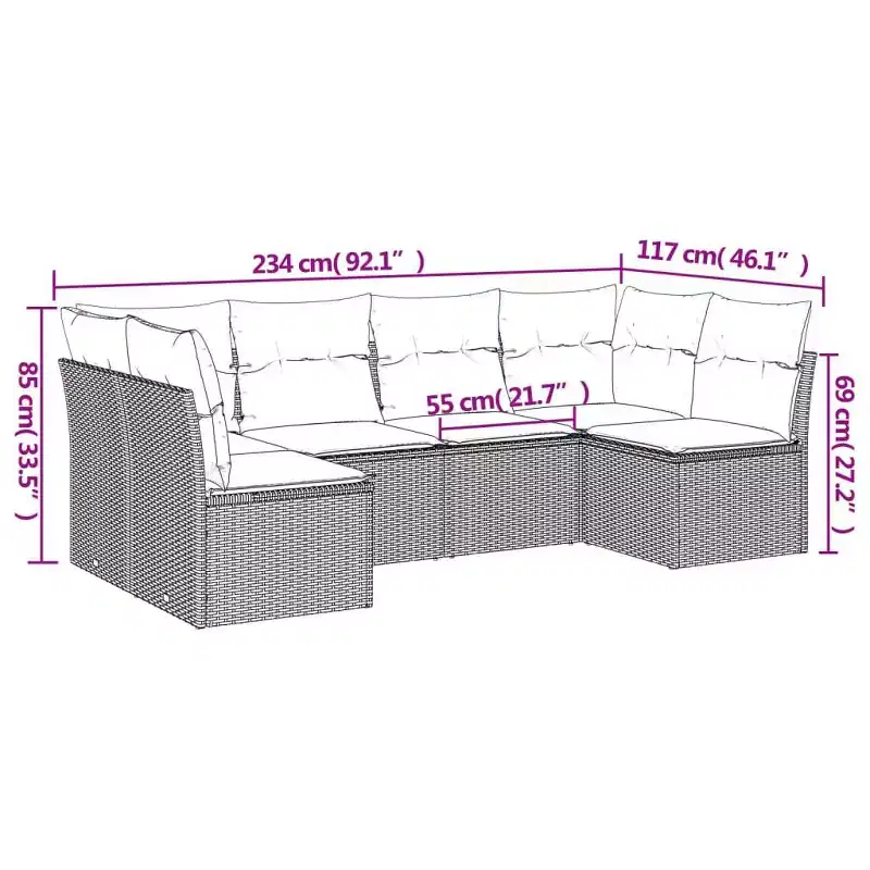 vidaXL 7 Piece Patio Sofa Set with Cushions Poly Rattan - With Table Black and Cream