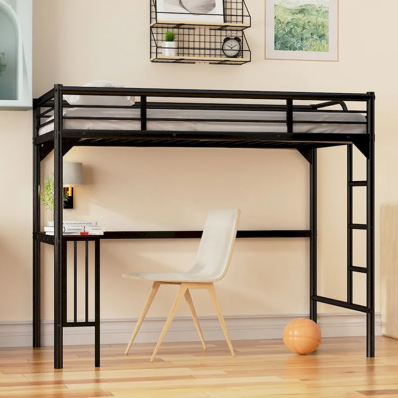 Black Twin Metal Loft Bed with Desk & Guardrails
