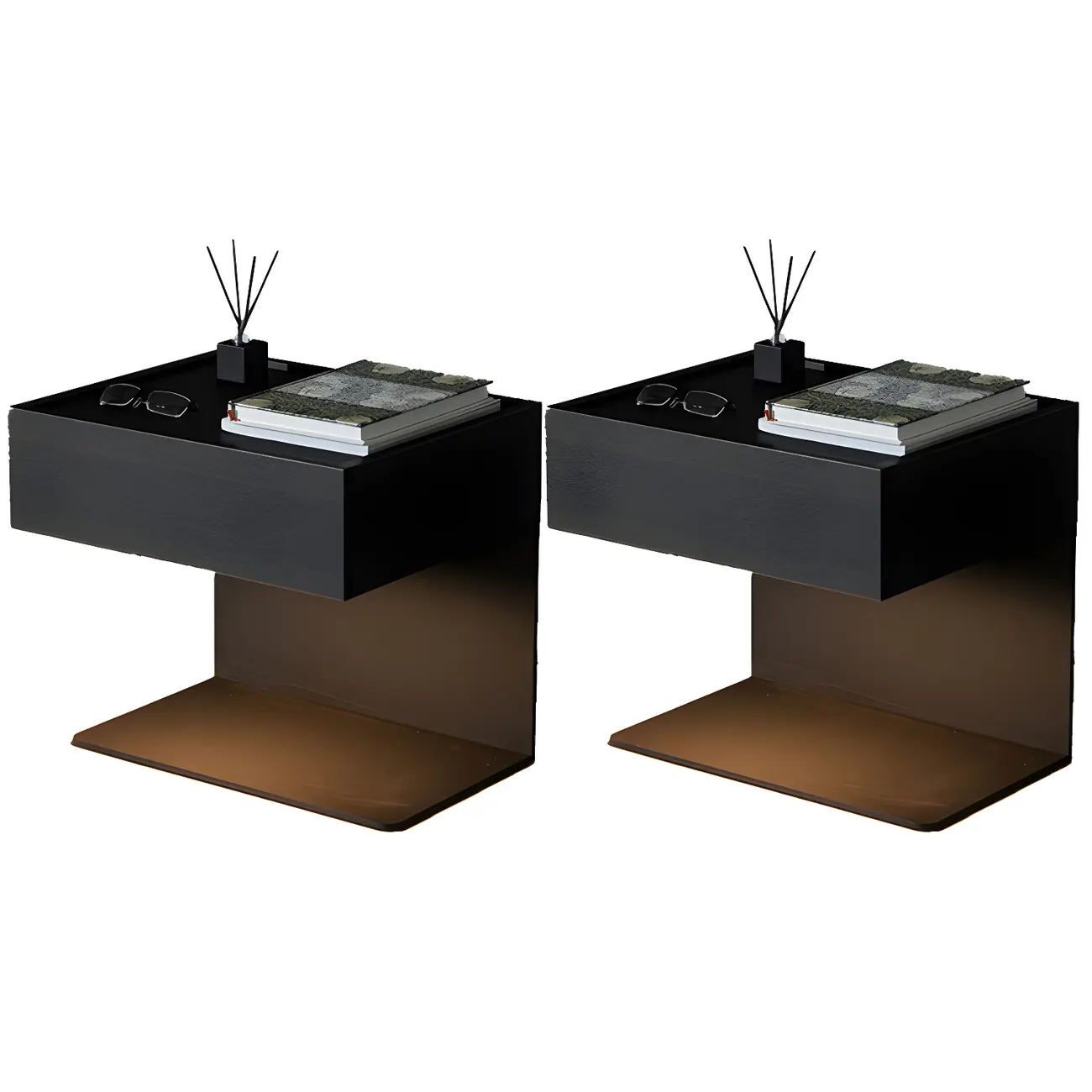 Black Steel Wood C-Shaped Drawer Nightstand with Light