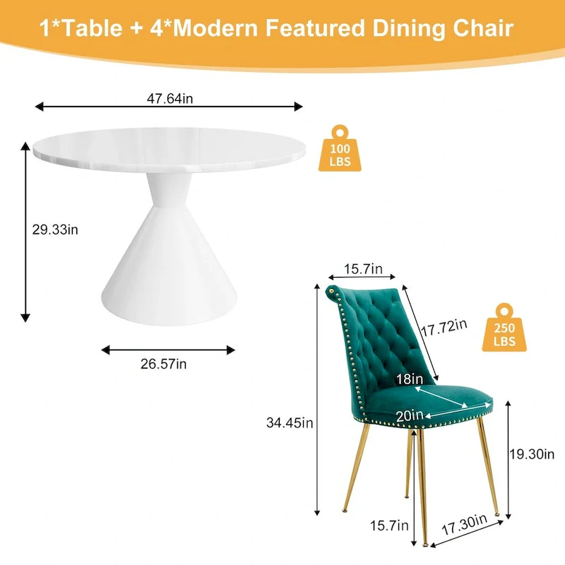 48  Light Luxury White High Gloss Large Countertop Dining Table with Velvet Dining Chair Set