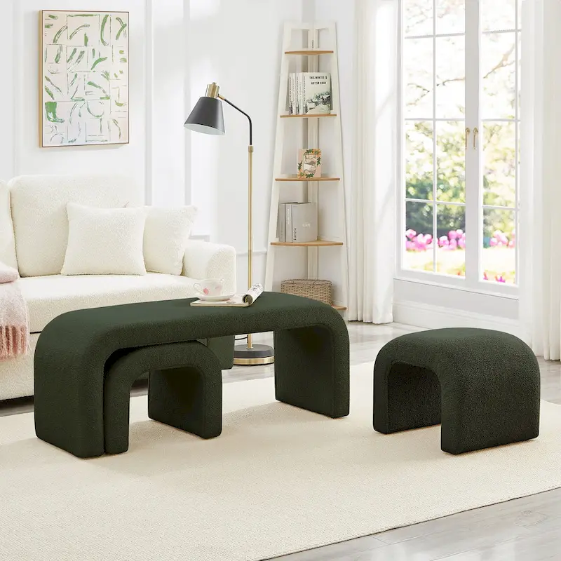 Set of 3 U-Shaped Modern Bench Teddy Ottoman Bench for Entryway, Bedroom End of Bed, Set of 3 Small Sofa Footrest