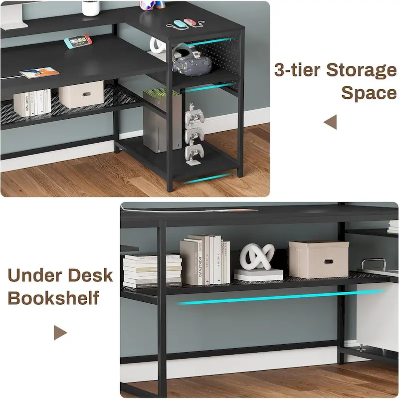 L Shaped Computer Desk Gaming Desk Keyboard Tray Power Outlets & LED