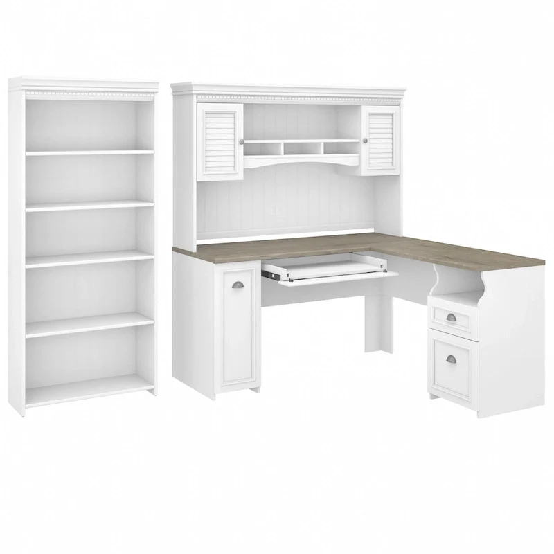 Fairview 60W L Shaped Desk with Hutch and Bookcase by
