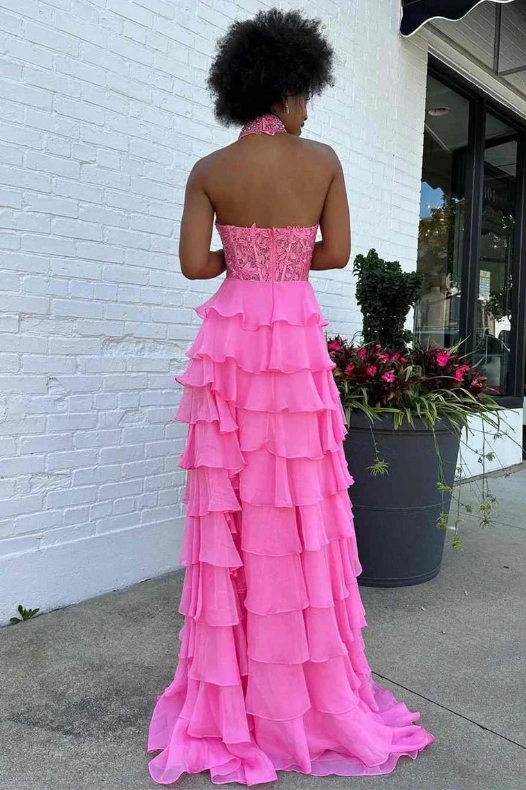 A line High Neck Tiered Chiffon Prom Dress with 3D Flower