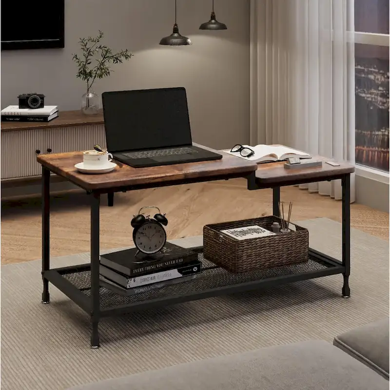 Coffee Table 2-Tier Center Table with Mesh Shelf Rectangle Storage