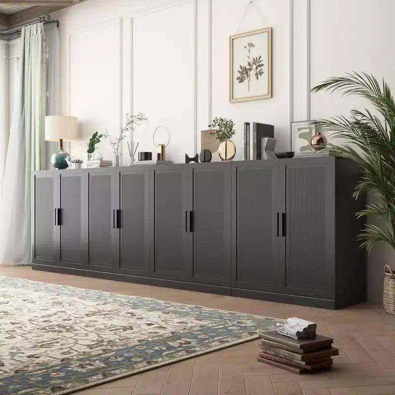 36x124x16 Wood Grain Buffet Cabinet in Black, Storage Organizer with Adjustable Shelves and Rattan Doors for Kitchen Bedroom Entryway Living Room
