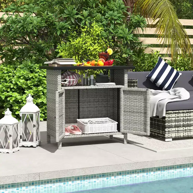 Wicker Outdoor Storage Cabinet with Two Doors and Shelf for Outdoor Pool Towel Storage
