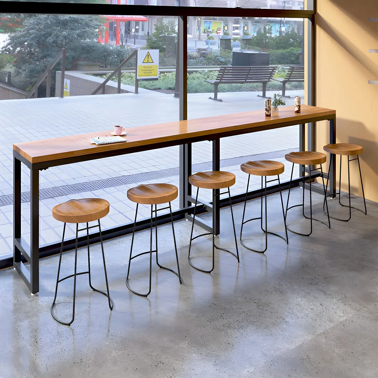 Modern Brown Wooden Iron Trestle Base Bar Table